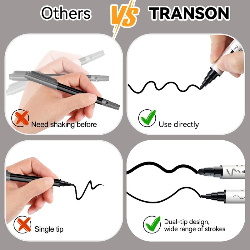 TRANSON 8 Pack Black Bold and Fine Dual-tip Acrylic Paint