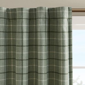 ZJMTOCYU Plaid Rod Pocket and Back Tab Curtain Panel with Fleece Lining, Heavyweight Fabric for Thermal Insulation, 50x95 inches, Green