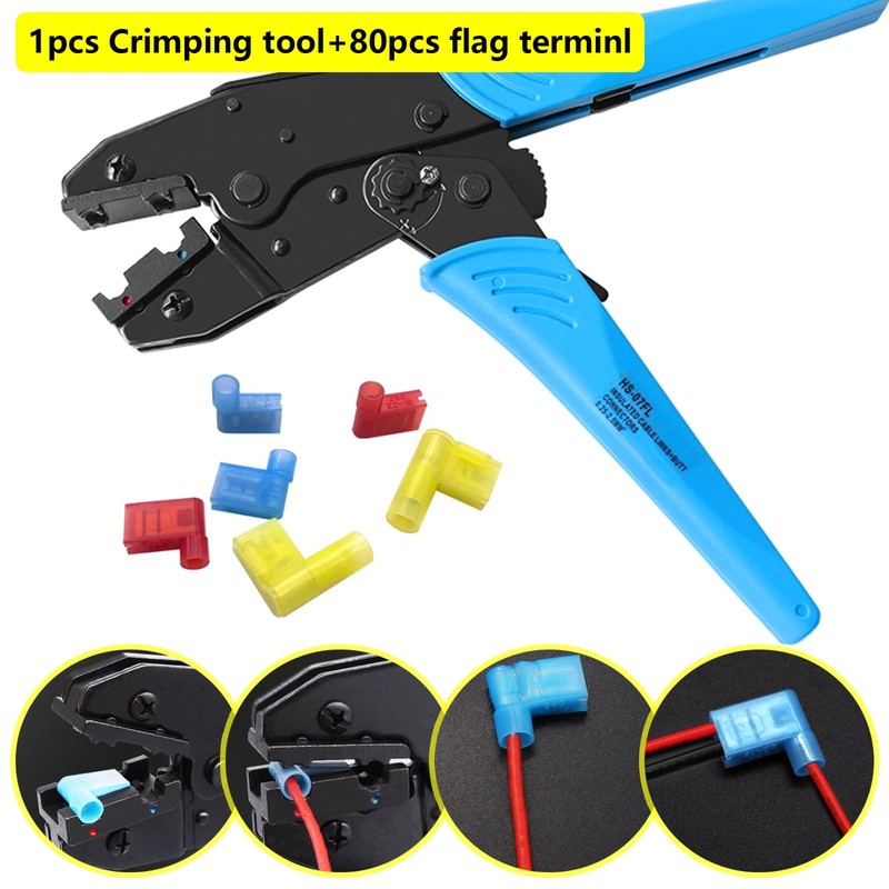 smseace 81pcs Right Angle Spade Connectors with Flag Terminal Crimper