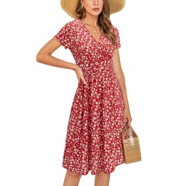STYLEWORD STYLEWORD Women's Summer Dress Short Sleeve V-Neck Sundress Floral Wrap Waist Casual Dress with Pockets (floral19,Large)