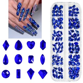 qiipii 120Pcs Blue Rhinestones Nail Charms 12 Shapes Royal Blue Flatback Big Gems K9 Glass Sapphire Blue Nail Stones Diamonds jewels Nail Art Supplies Nail Decor for Nails Face Eyes Makeup DIY Crafts