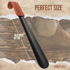 NINEMAX Shoe Horn Long Handle for Seniors - 16.5" Metal Shoehorn with Leather Handle for Men and Women (Pack of 2)