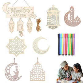Ramadan Deko - Eid Mubarak Dekoration Set, 7 Holz Ramadan Kareem Anhänger, DIY Umrah Mubarak Deko für Heimdekoration & Handwerk Projekte