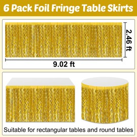 6 Pack 29x108 Inch Gold Wave Foil Fringe Table Skirts Metallic Banner for Tinsel Streamer Garland Backdrop for Parade Floats Mother's, Graduate, Mardi Gras, Birthday, Wedding Party Decorations