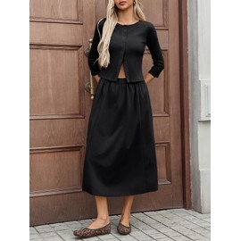 Tankaneo Womens 2 Piece Skirt Sets 3/4 Sleeve Knit Tops Elastic Waist Midi Skirt Outfits Casual Matching Dress Set