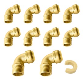 (Pack of 10) Seelink 1/2 Inch MNPT x 1/2 Inch Push Fit Male Elbow Brass fitting, Push to Connect Pex, Copper, CPVC Pipe/Tubing, With Disconnect Clip