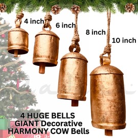 4pc Decorative Rustic Bells Set Shabby Chic Vintage Bell Brass Coated Country Style Cowbell Jute Rope Wall Hanging Harmony Giant Cow Bells Lucky Charm Christmas Bell (4X Harmony Bells 4"-6"-8"-10")