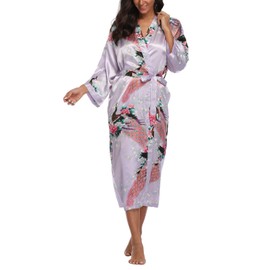 ABC-STAR Women's Kimono Robe Peacock & Blossom Robe Wedding Satin Bathrobe Nightgown Large