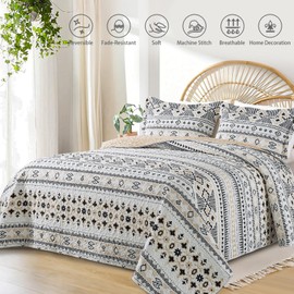 TWINRUN Boho King Quilt Bedding Set, Lightweight Bedspread King Size (98 * 106 inch) with Stripe Pattern, 3 Pieces Reversible Coverlet Quilt King Size for All Season
