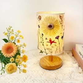 petitepop Dried Flowers Table Lamp,5w Led 3-Color Pressed Floral Beside Lamp,Cute Vintage Linen Shade Desk Lamp for Bedroom Office with Wood Base