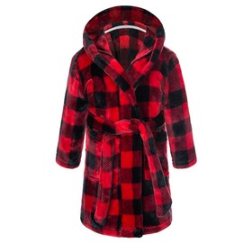 SRVNFBKT Boys Girls Robe Soft Fleece Bathrobe for Kids Red Plaid 11-12Y