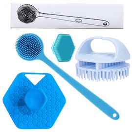 Cepillo de baño multiusos, juego de cuatro piezas, material de silicona, adecuado para masajear el cuero cabelludo y limpiar el cuerpo, funcionamiento manual. (Blue)