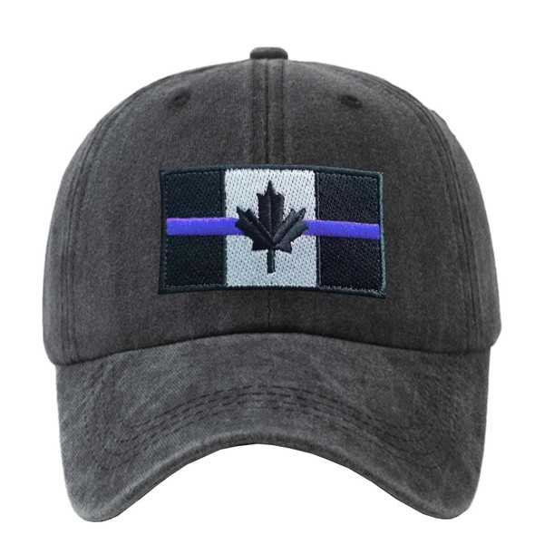 Blue Line Canada Wahsed Black Baseball Hat,Cap with Canadian Maple