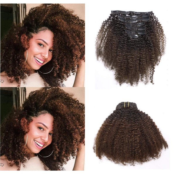 Anrosa Kinkys Curly Clip in Hair Extensions Human Hair 3C 4A Afro Kinky Curly Clip ins Natural Hair Real Remy Thick Human Hair Extensions for Black Women (12 inch, Ombre #1B/4)