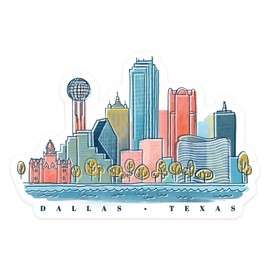 Die Cut Sticker Dallas, Texas, Whimsy City Collection, Skyline Vinyl Sticker 1 to 3 inches (Waterproof Decal for Cars, Water Bottles, Laptops, Coolers), Small