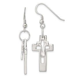 Diamond2Deal Sterling Silver Polished Double Open Cross Shepherd Hook Dangle Earrings (L- 1.87 in, W- 0.59 in)