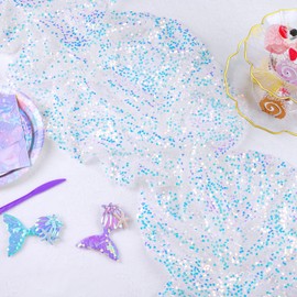 MoKoHouse Mermaid Party Table Runner 6 Pieces 12 x 72 Inches White Table Runner Glitter Iridescent Table Linens for Ocean Under The Sea Party Decorations