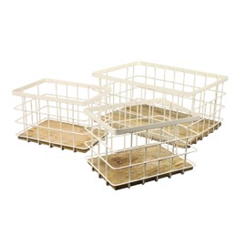 happimess BSK3004C-3SET Evvie Vintage Farmhouse Wire Metal Nesting Storage Baskets with Wood Base for Shelves, Cabinets, Pantry, Countertop, Mesh Open Bin Basket, Almond/Natural (Set of 3)