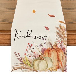 Artoid Mode Pumpkins, Flowers, Leaves, Autumn Table Runner, Harvest, Vintage, Farmhouse, Washable Modern Kitchen Dining Table Decoration for Indoor and Outdoor, Holiday, Party, Living Room Decor, 40 x 140 cm