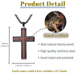 Wooden Cross Necklace for Men, Hand Polished Ebony Inset In Black Stainless Steel Christian Mens Cross Pendant Wood, with 24" Round Box Chain