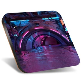 1 x Square Jumbo Size Coaster 12cm Futuristic City Cyberpunk Neon Lights Cork Backed MDF Glossy Tea Coffee Accessory #52877