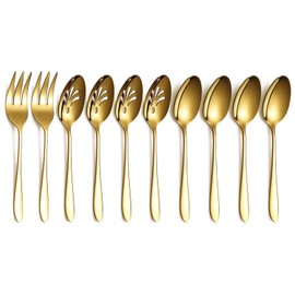 HOMQUEN Gold 10-Piece Serveware Cutlery Set, Stainless Steel Serving Utensil Set with Slotted Serving Spoon, Serving Spoon, Serving Fork