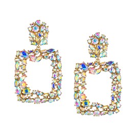 EVER FAITH Rhinestone Rectangle Clip On Earrings Geometric Statement Drop Earrings Clip On for Women Girls Iridescent Clear AB Gold Tone, Crystal