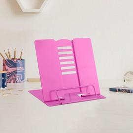 MSDADA Small Desk Book Stand Metal Reading Rest Book Holder Adjustable Cookbook Documents Holder Portable Sturdy Bookstands for Recipes Textbooks Tablet Music Books(Rose Red）