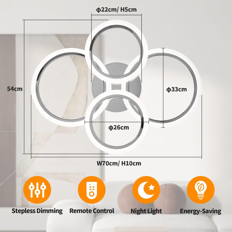 Vloitgol Modern LED Ceiling Light Fixture, 4 Rings Dimmable Flush