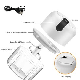 White 3 CUP Electric mini garlic crusher, USB rechargeable portable electric food crusher, wireless small kitchen processor for crushing garlic, ginger, chili, minced meat, onions, etc.(350+250+100ml)