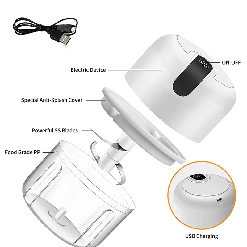 White 3 CUP Electric mini garlic crusher, USB rechargeable portable