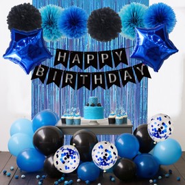 JCitimix Blue and Black Birthday Decorations, Happy Birthday Boy Decorations with Banner Pompoms Curtains Blue Birthday Decorations for Men Women Boys and Girls