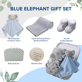Hoolaroo Newborn Baby Gift Set New Baby Gifts Boy Hamper Present Unique Suitcase Memory Box Cute Soft Congratulations Milestone Blue Elephant Comforter Blanket