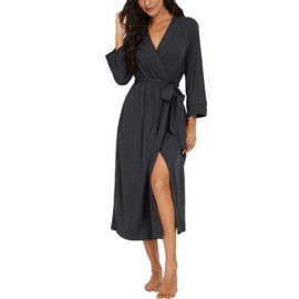 PrinStory Women's Bathrobe Lightweight 3/4 Sleeve Dressing Gown V-Neck Kimono Robe Long Sleepwear, darkgray