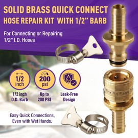 GORILLA EASY CONNECT Garden Hose Repair Kit with Integrated Quick Connect Fittings Water Hose Inline Splicing Repair - 1 Set with 1/2 Inch Barbs and 2 Hose Clamps