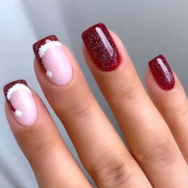 Christmas Press On Nails Short Square, 24pcs Christmas Fake Nails, Red Glitter With Christmas Hat Design, Sparkling Full Cover False Nails For Women Girls Xmas Nail Decoration (Santa Hat Square)