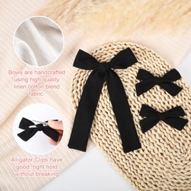 DEEKA Black Cotton Linen Hair Bows 2 Sizes 5"&3.5" Soft Hair Bow set for Toddler Girls Long Ponytail Knot Bows Alligator Clip Hair Accessories for Little School Girls (Black)
