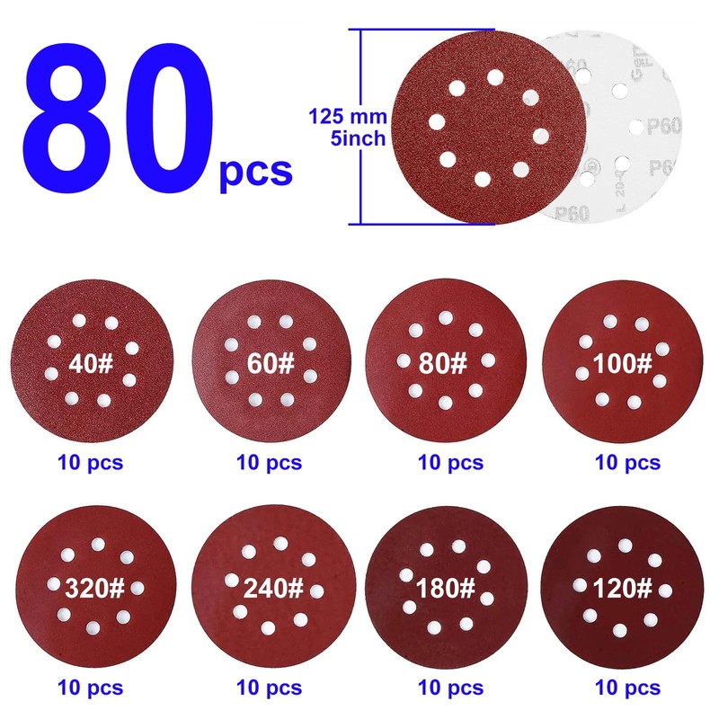 Nutabevr Set of 80 Velcro Sandpaper, 8 Holes, Random Orbital