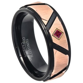 Black & Rose Gold IP Tungsten Carbide Wedding Band with 0.05ctw Princess Cut Ruby Tungsten Ring - Comfort Fit Tungsten Anniversary Ring - YG Bezel