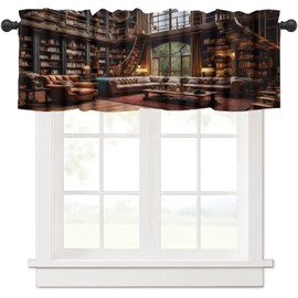 LOMADIA Bookshelf Valance Curtain for Kitchen, Vintage Mid Century Books Library Bookshelf Middle Ages Bookcase Pattern Window Treatment Rod Pocket Drapes for Kitchen Batroom Office Deocr 54x18inch