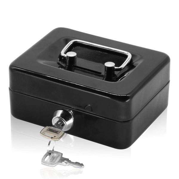Small Cash Box with Lock and Slot - Jssmst Metal Coin Bank Piggy Bank for Adults and Kids, Black(SMCB0301N)