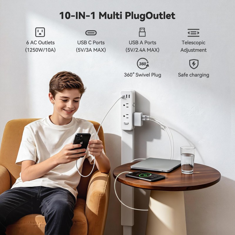 Outlet Extender Stick, 360° Rotating Wall Outlet Expander with 22-35"
