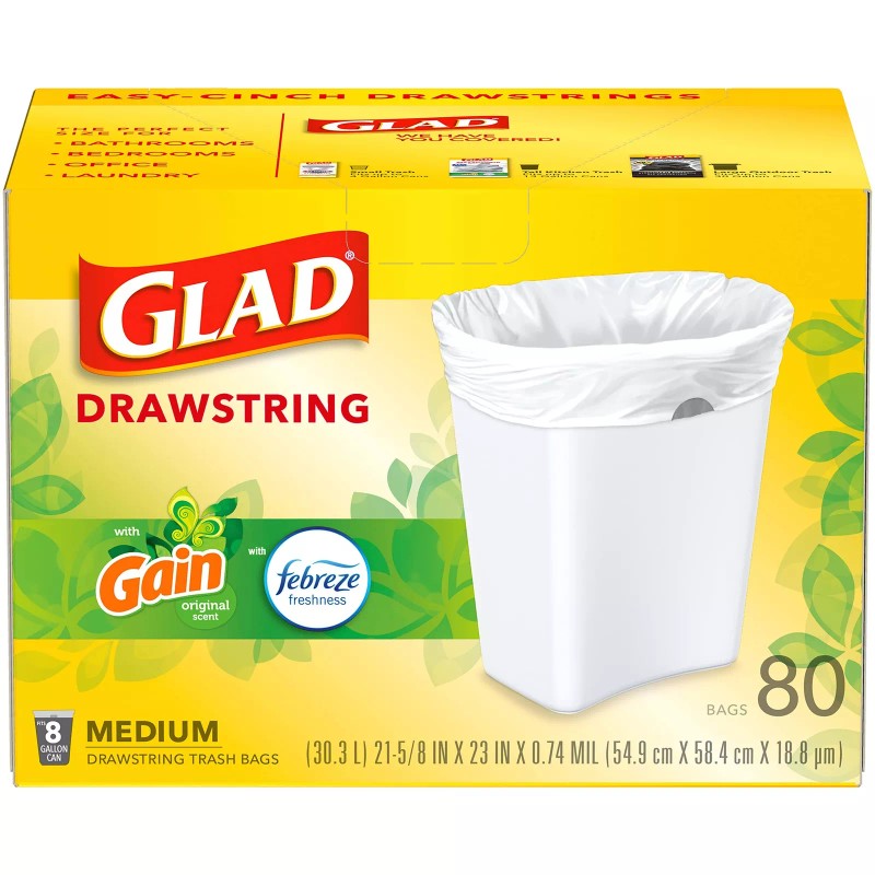 Glad 8 Gallon Drawstring Trash Bags Gain Original Scent 80