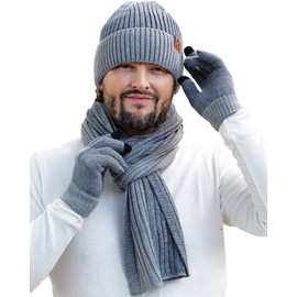 Winter Warm Knit Beanie Hat Touchscreen Gloves Long Scarf Set with Fleece Lined Skull Caps Neck Scarves for Men Women