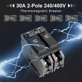 30 Amp 2Pole Miniature Circuit Breaker, 240/400 V Thermomagnetic Breaker, Dual Pole Electrical Protection for Commercial and Industrial Use, 10 kA, Black