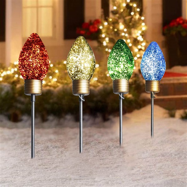 Vanthylit Christmas Decorations, 4PK Pre-lit Jumbo C Bulb Pathway Markers Lights 4-Color Assorted Outdoor Stake Micro LED Light Decoration
