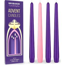 BRUBAKER 4 pcs Advent Candles Purple and Pink - 10 Inch Taper Candles for Christmas, Church and Celebrations - Unscented and Dripless - Made in Europe