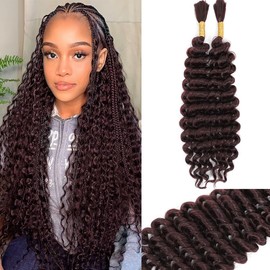 Human Braiding Hair Mix Synthetic Boho Hair for Braiding, 20 Inch Wet and Wavy 2 Pcs Deep Wave Bulk for Curly Bohemian Hair Extensions(99J, 20INCH)