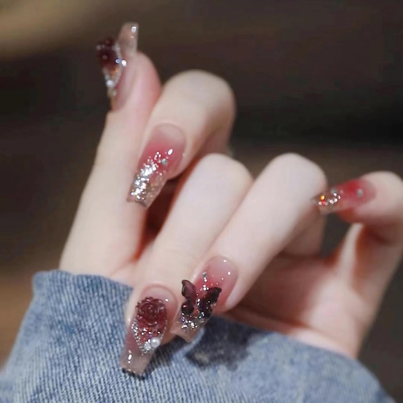 Nail Tips, Short, 24 Pieces, Silver Edge, Red, Gradient, False