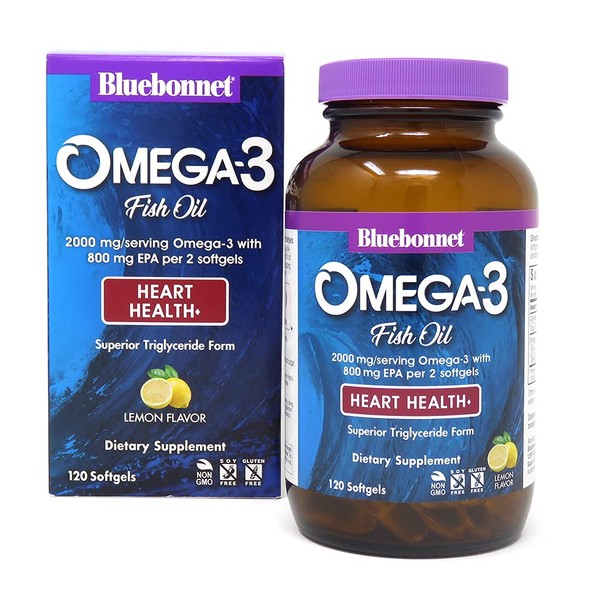 Bluebonnet Nutrition Omega-3 Heart Formula Natural Wild Caught Triglyceride Form DHA 600 mg EPA 800 mg - Highly Concentrated Heart Health Support Supplement - Gluten-Free - 120 Softgel